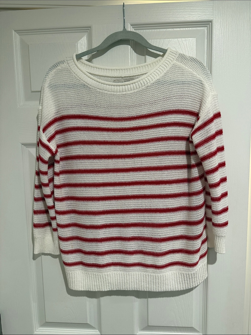 LOFT White Crewneck Sweater with Red Stripes